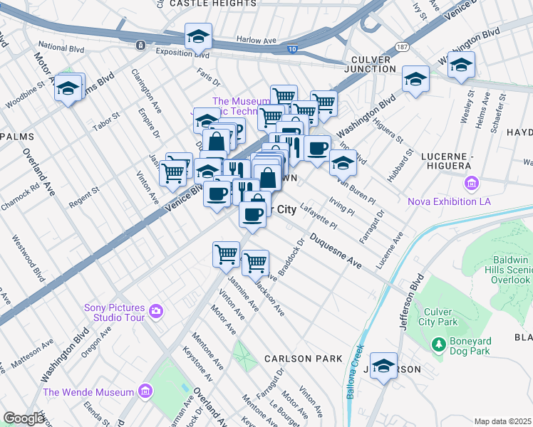 map of restaurants, bars, coffee shops, grocery stores, and more near 9900 Culver Boulevard in Culver City