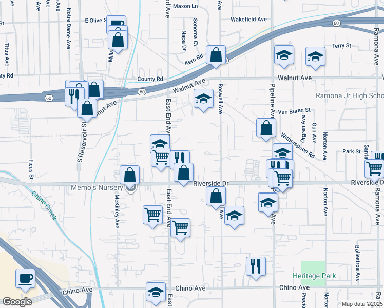 map of restaurants, bars, coffee shops, grocery stores, and more near Pilgrims Way in Chino