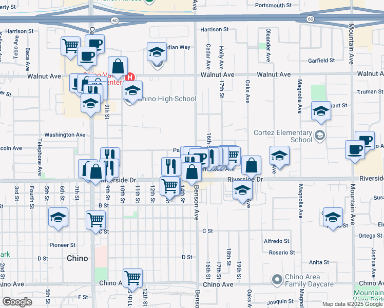 map of restaurants, bars, coffee shops, grocery stores, and more near 12800 Benson Avenue in Chino