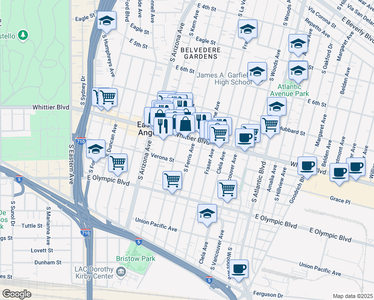map of restaurants, bars, coffee shops, grocery stores, and more near in East Los Angeles