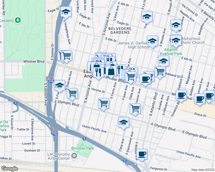 map of restaurants, bars, coffee shops, grocery stores, and more near in East Los Angeles