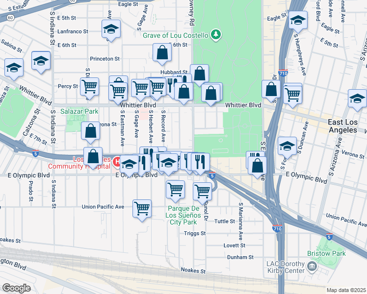 map of restaurants, bars, coffee shops, grocery stores, and more near 1029 South Downey Road in Los Angeles