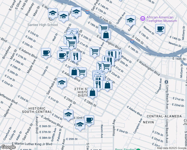 map of restaurants, bars, coffee shops, grocery stores, and more near 1145 East 24th Street in Los Angeles