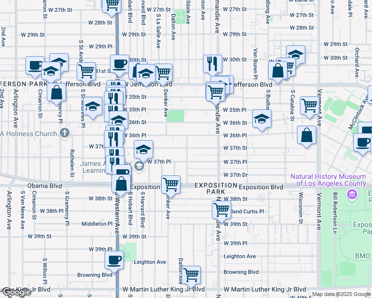 map of restaurants, bars, coffee shops, grocery stores, and more near 1514 West 36th Place in Los Angeles