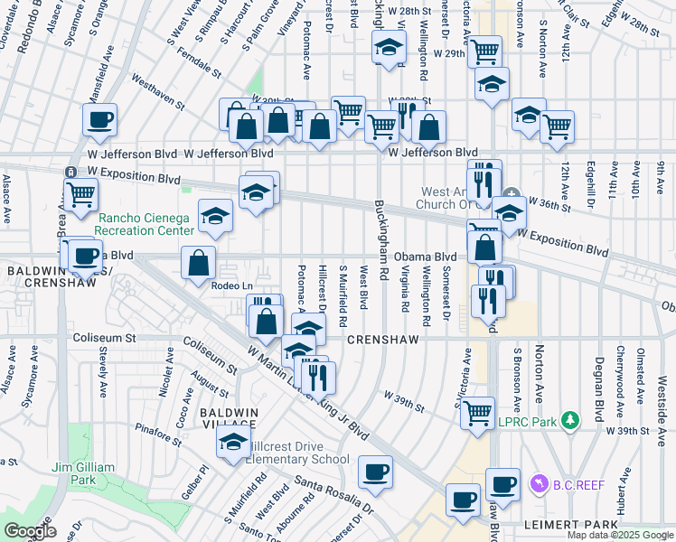 map of restaurants, bars, coffee shops, grocery stores, and more near 3603 Muirfield Road South in Los Angeles
