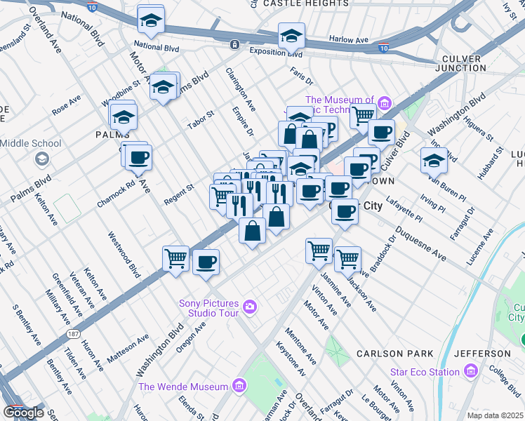 map of restaurants, bars, coffee shops, grocery stores, and more near 10221 Venice Boulevard in Los Angeles