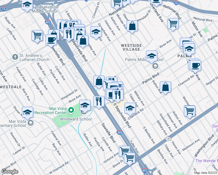 map of restaurants, bars, coffee shops, grocery stores, and more near 11140 Rose Avenue in Los Angeles