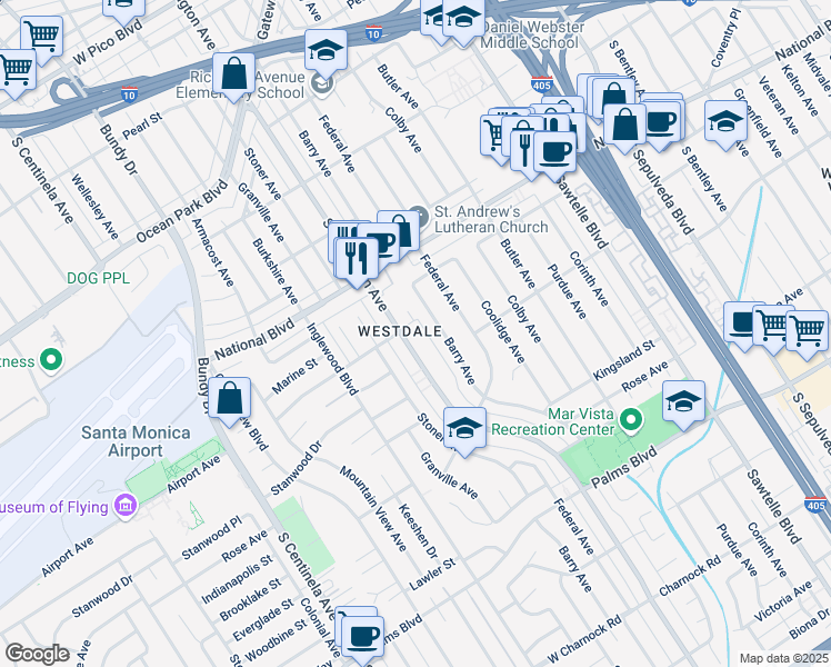 map of restaurants, bars, coffee shops, grocery stores, and more near 3112 South Barrington Avenue in Los Angeles