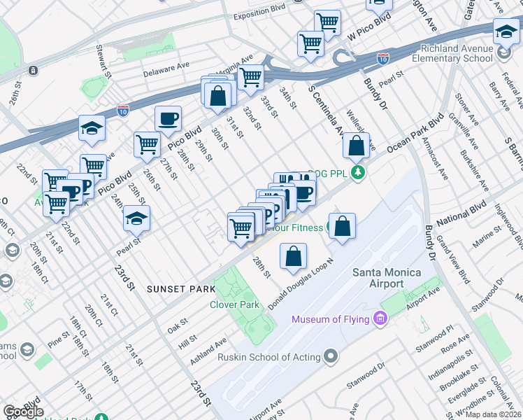 map of restaurants, bars, coffee shops, grocery stores, and more near 2611 30th Street in Santa Monica