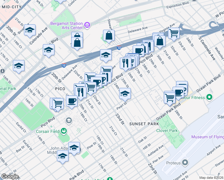 map of restaurants, bars, coffee shops, grocery stores, and more near 2223 24th Street in Santa Monica