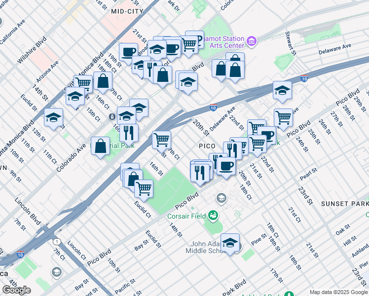 map of restaurants, bars, coffee shops, grocery stores, and more near 1818 18th Court in Santa Monica