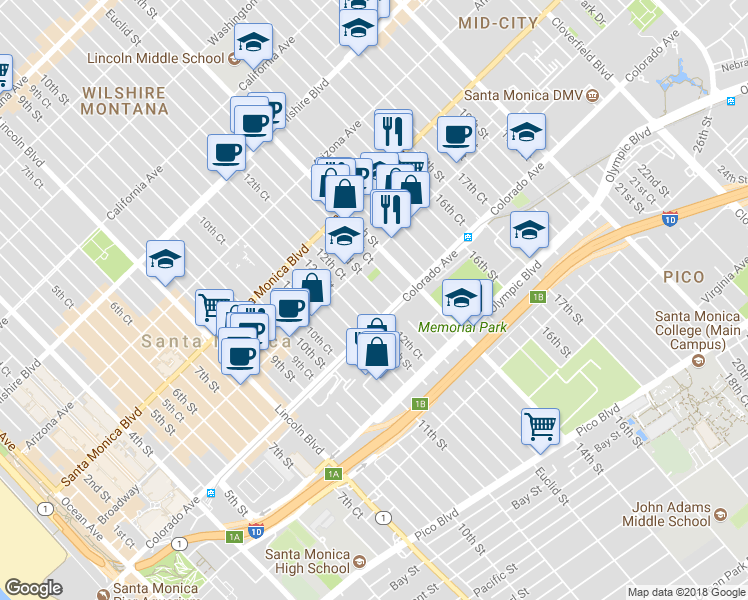 map of restaurants, bars, coffee shops, grocery stores, and more near 1512 Euclid Street in Santa Monica