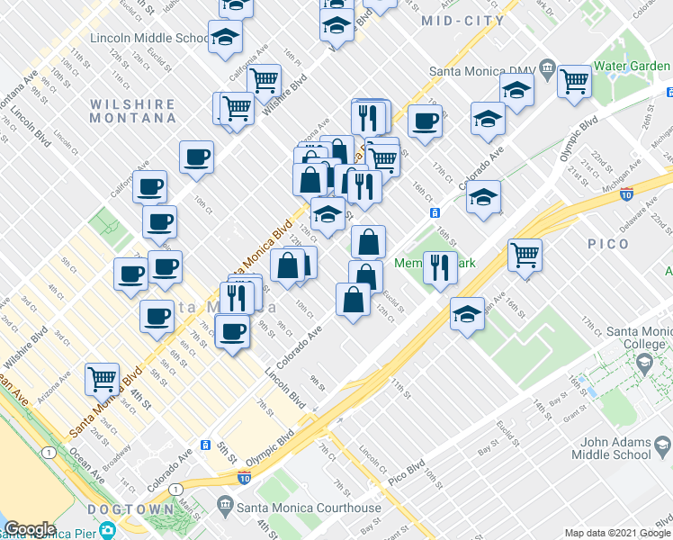 map of restaurants, bars, coffee shops, grocery stores, and more near 1512 Euclid Street in Santa Monica