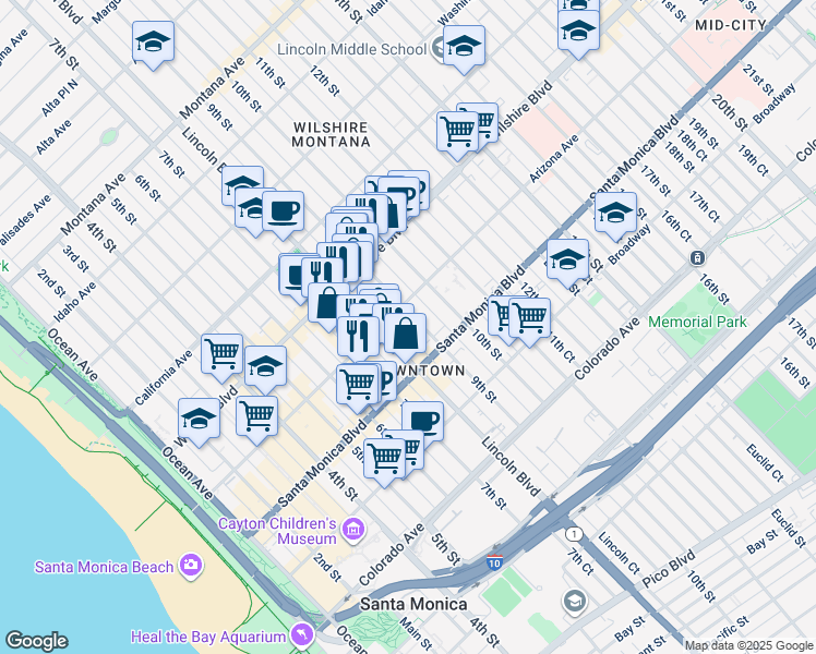 map of restaurants, bars, coffee shops, grocery stores, and more near 1264 Lincoln Court in Santa Monica