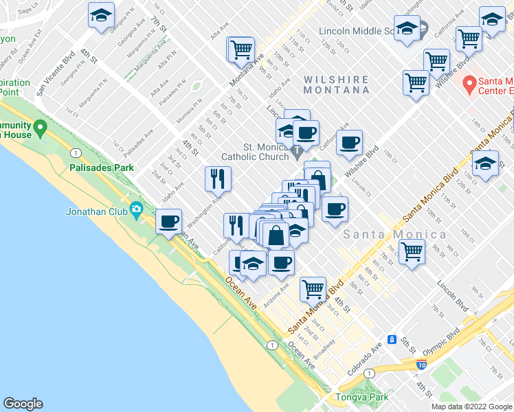 map of restaurants, bars, coffee shops, grocery stores, and more near 1038 4th Court in Santa Monica