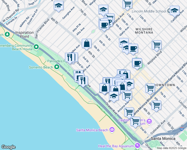 map of restaurants, bars, coffee shops, grocery stores, and more near 938 3rd Street in Santa Monica