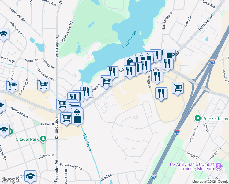 map of restaurants, bars, coffee shops, grocery stores, and more near 5250-5260 Forest Dr in Columbia