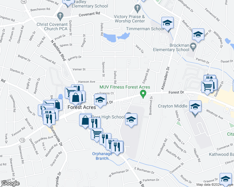 map of restaurants, bars, coffee shops, grocery stores, and more near 1706 Dalloz Road in Columbia