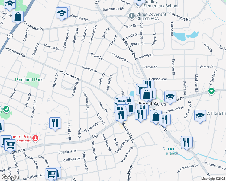 map of restaurants, bars, coffee shops, grocery stores, and more near 3208 Carson Drive in Columbia