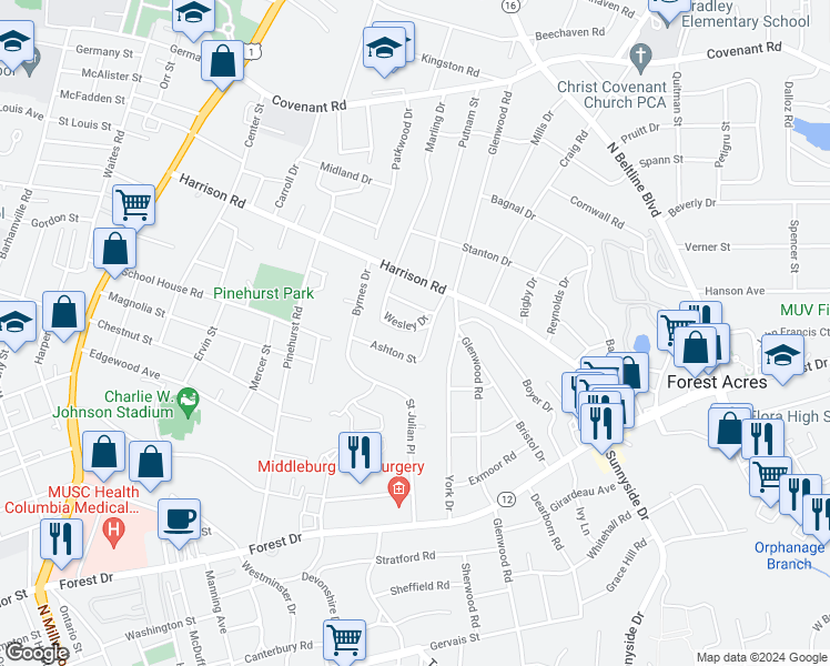 map of restaurants, bars, coffee shops, grocery stores, and more near 2827 Keats Street in Columbia