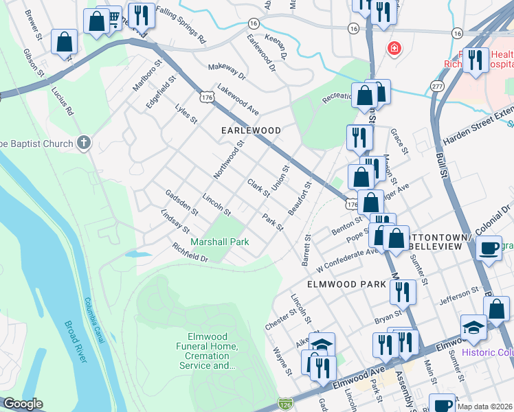 map of restaurants, bars, coffee shops, grocery stores, and more near 2911 Clark Street in Columbia