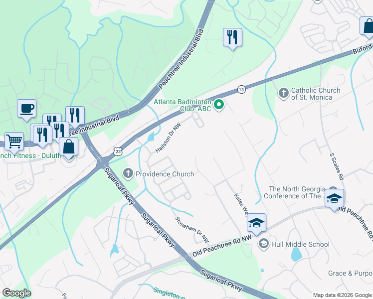 map of restaurants, bars, coffee shops, grocery stores, and more near 3548 Parsons Ridge Lane in Duluth