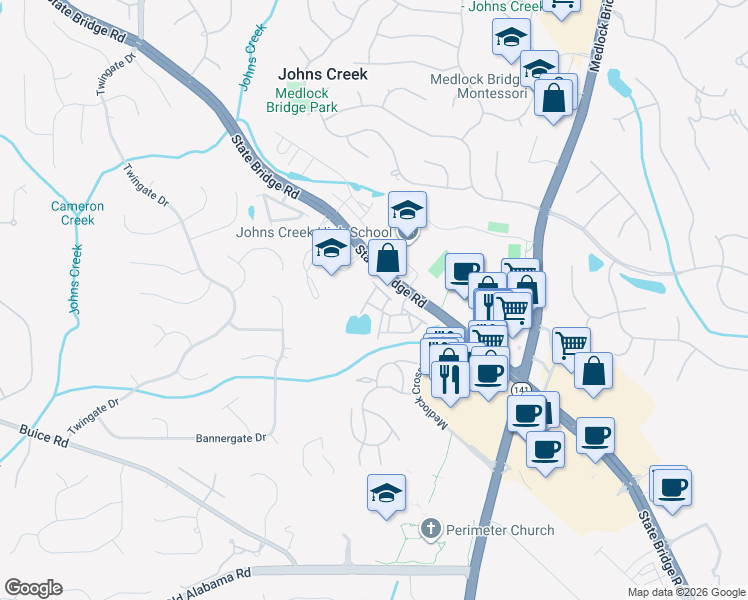 map of restaurants, bars, coffee shops, grocery stores, and more near 9839 Murano View in Johns Creek