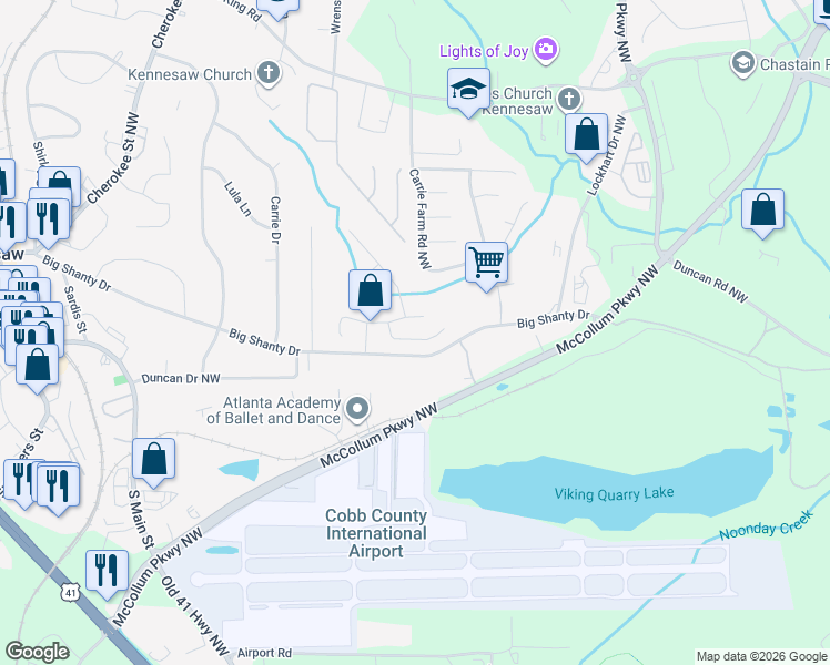 map of restaurants, bars, coffee shops, grocery stores, and more near 1610 Vinebrook Terrace in Kennesaw