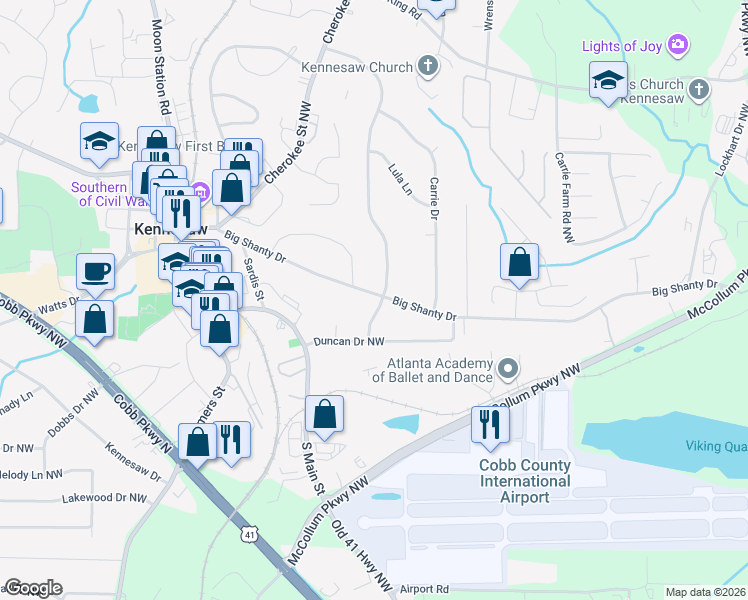 map of restaurants, bars, coffee shops, grocery stores, and more near 1915 Big Shanty Drive in Kennesaw