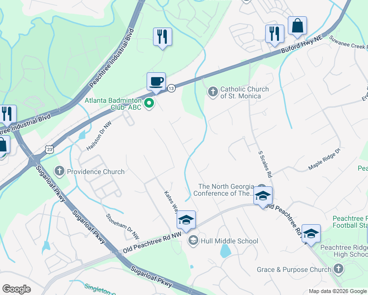 map of restaurants, bars, coffee shops, grocery stores, and more near 3440 Highgate Hills Dr NW in Duluth