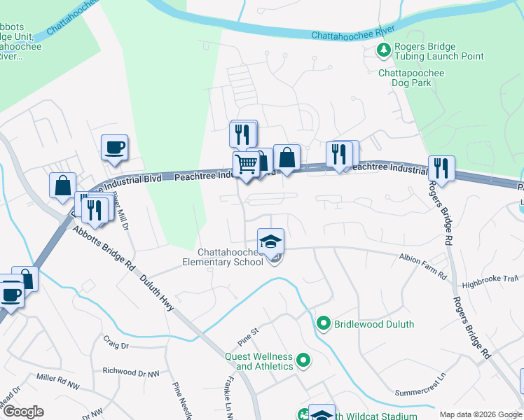 map of restaurants, bars, coffee shops, grocery stores, and more near 2797 Albion Farm Way in Duluth