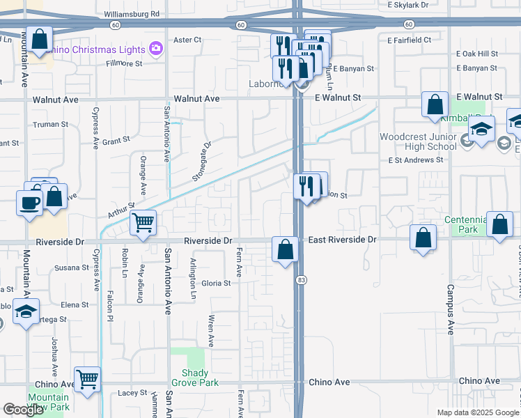 map of restaurants, bars, coffee shops, grocery stores, and more near 2877 South Via Belamaria in Ontario