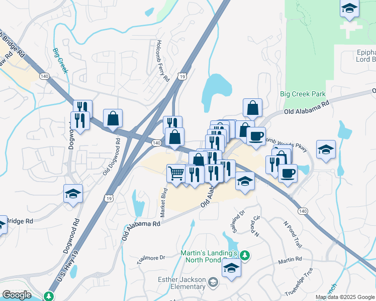 map of restaurants, bars, coffee shops, grocery stores, and more near 1400 Holcomb Bridge Road in Roswell