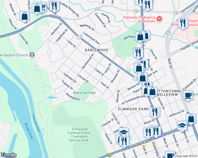map of restaurants, bars, coffee shops, grocery stores, and more near 2900 Park Street in Columbia