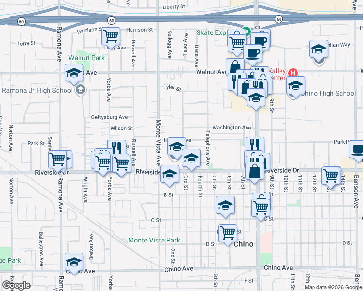 map of restaurants, bars, coffee shops, grocery stores, and more near 12794 3rd Street in Chino