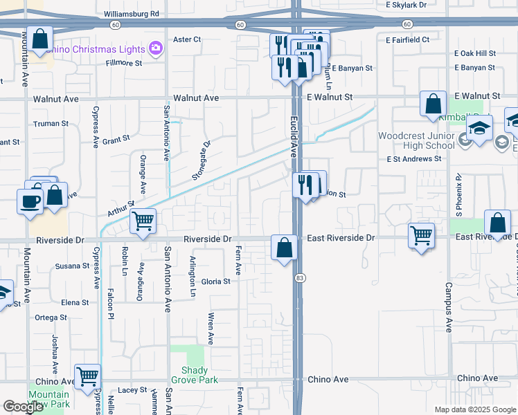 map of restaurants, bars, coffee shops, grocery stores, and more near 2877 South Via Belamaria in Ontario