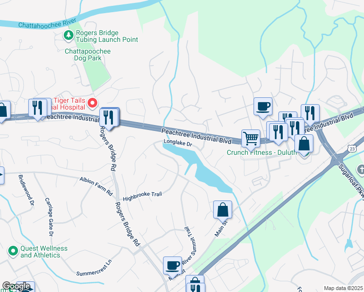 map of restaurants, bars, coffee shops, grocery stores, and more near 3975 Longlake Drive in Duluth