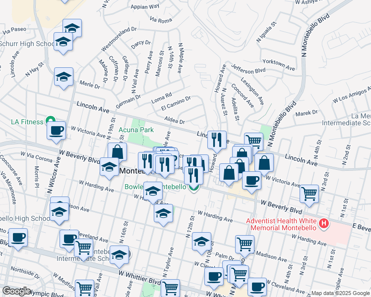 map of restaurants, bars, coffee shops, grocery stores, and more near 1327 Via Camille in Montebello