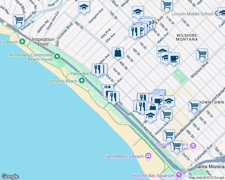 map of restaurants, bars, coffee shops, grocery stores, and more near 849 Ocean Avenue in Santa Monica