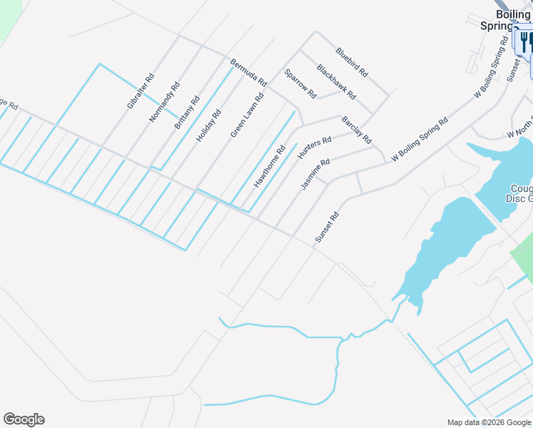 map of restaurants, bars, coffee shops, grocery stores, and more near Hunters Road in Boiling Spring Lakes