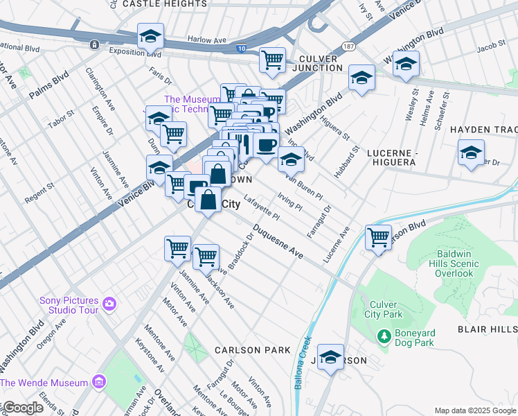 map of restaurants, bars, coffee shops, grocery stores, and more near 4067 Lafayette Place in Culver City