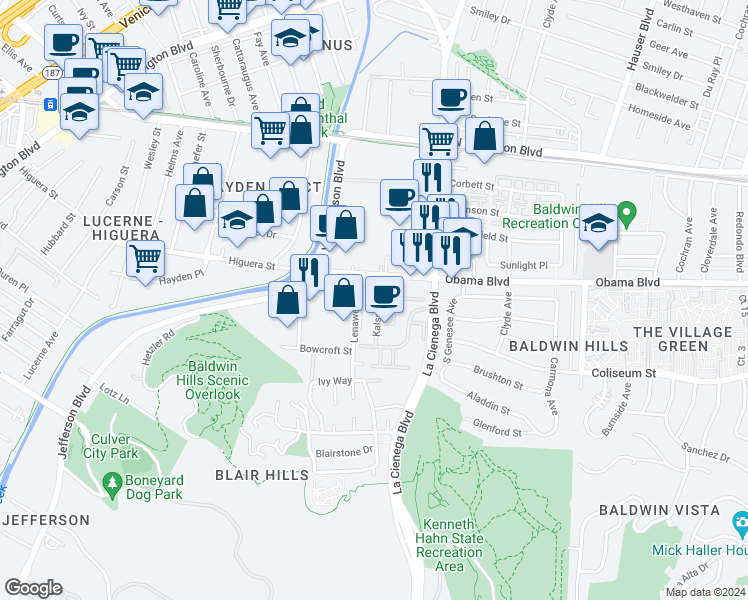 map of restaurants, bars, coffee shops, grocery stores, and more near 3621 Kalsman Drive in Los Angeles