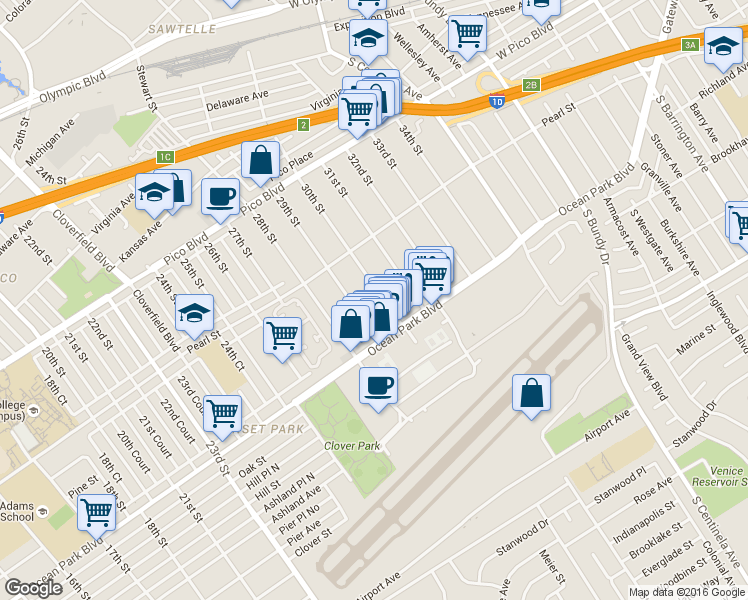 map of restaurants, bars, coffee shops, grocery stores, and more near 2611 30th Street in Santa Monica