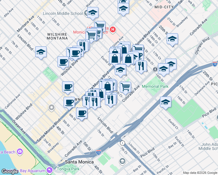map of restaurants, bars, coffee shops, grocery stores, and more near 1447 11th Street in Santa Monica