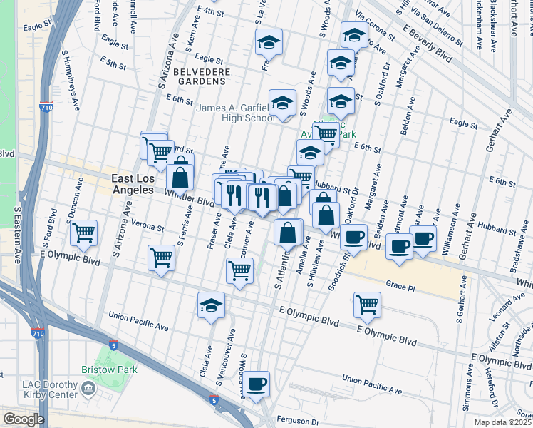 map of restaurants, bars, coffee shops, grocery stores, and more near 5127 Whittier Boulevard in East Los Angeles