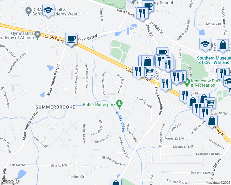 map of restaurants, bars, coffee shops, grocery stores, and more near 12 Pine Club Drive Northwest in Kennesaw