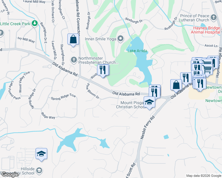 map of restaurants, bars, coffee shops, grocery stores, and more near 2560 Club Springs Drive in Roswell