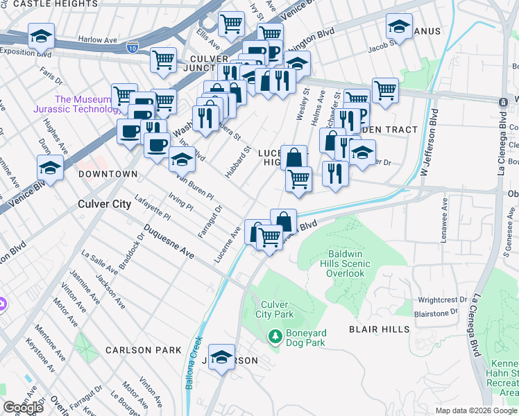 map of restaurants, bars, coffee shops, grocery stores, and more near 4219 Ince Boulevard in Culver City