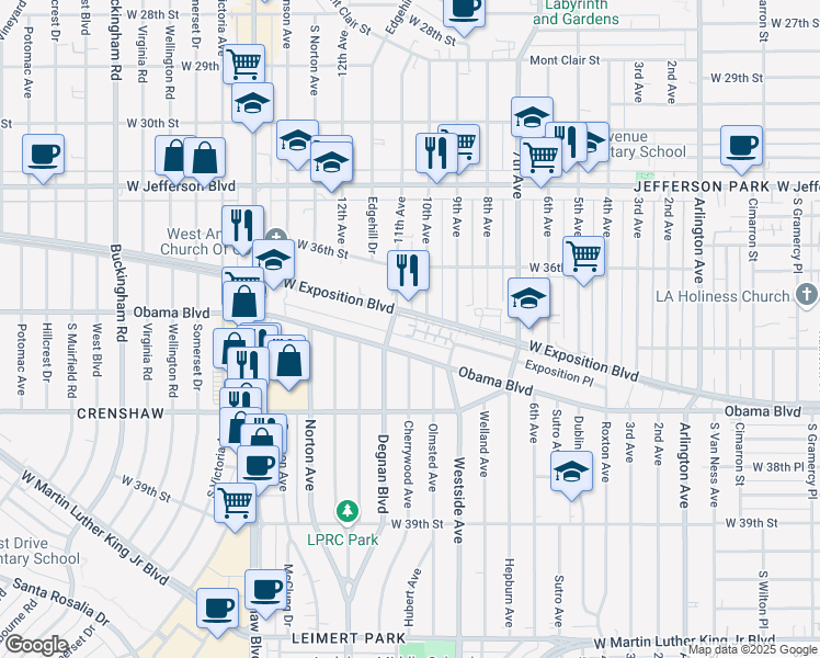 map of restaurants, bars, coffee shops, grocery stores, and more near 2927 West Exposition Place in Los Angeles