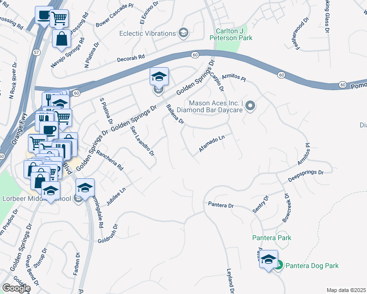 map of restaurants, bars, coffee shops, grocery stores, and more near 465 Bregante Drive in Diamond Bar